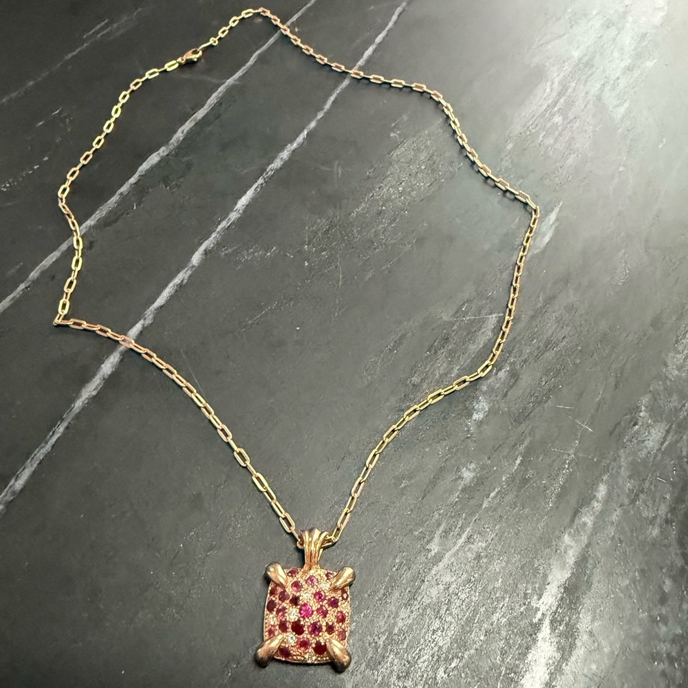 One of a kind! 14K Rose Gold Ruby & Diamond Pendant on 20” elongated cable chain - Picture 3 of 11